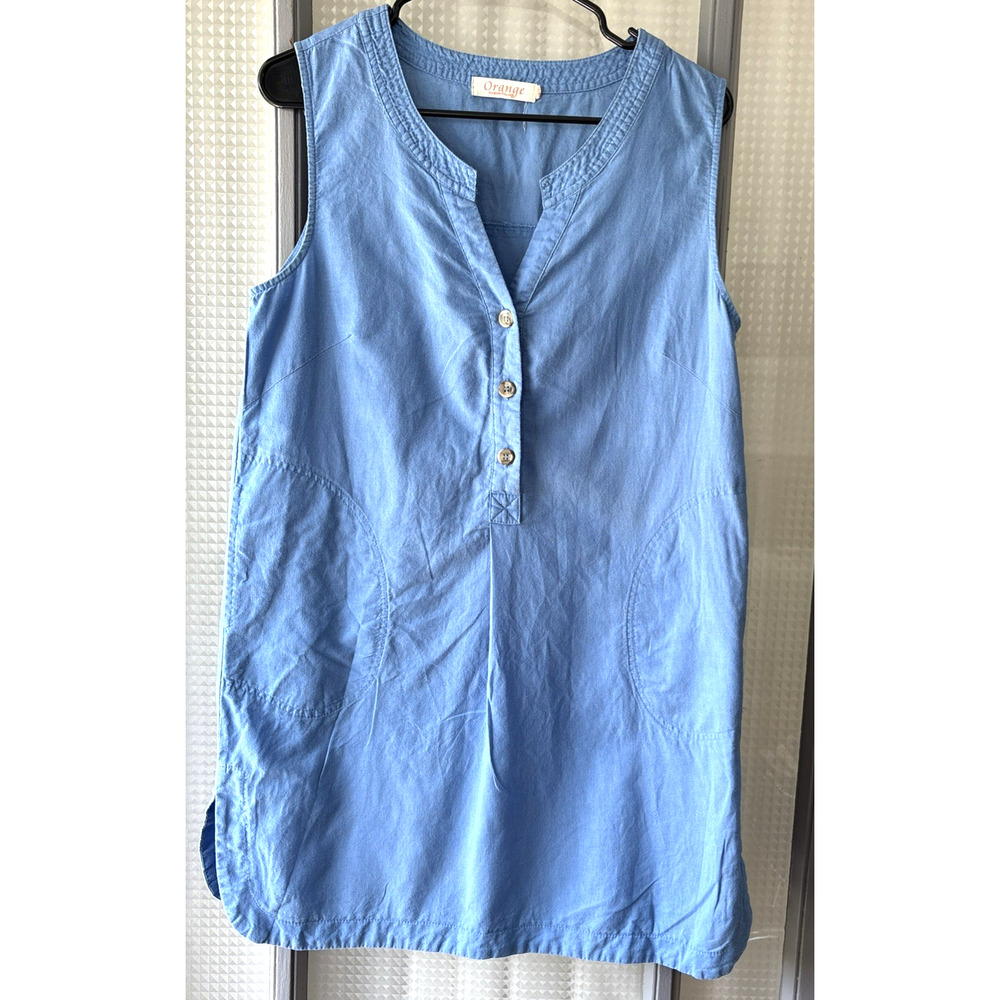 Orange Fashion Village Blue Linen Cotton Sleeveless‎ Pocket Shift Dress S/M